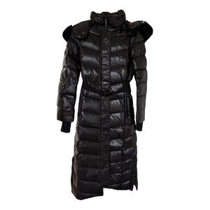 RUDSAK ELSIE S WOMEN'S GLOSSY BELTED MAXI DOWN PUFFER WITH REMOVABLE FAUX FUR